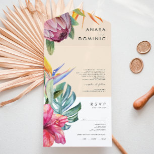 Kleurrijk tropisch Floral peach foto-zegel en stuu All In One Uitnodiging