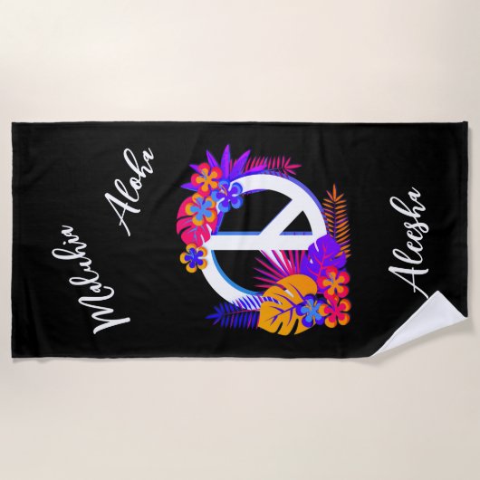 Kleurrijk Tropisch Hawaiaans Vrede Liefde Zwart Strandlaken (Voorkant)