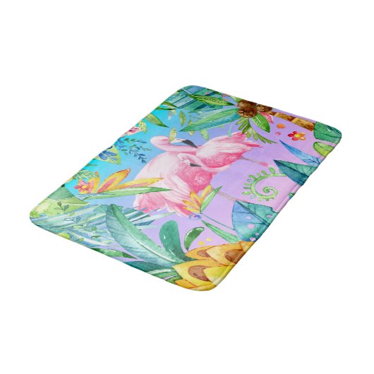 Kleurrijk tropisch Oerwoud met roze flamingo's Badmat (Gekanteld)
