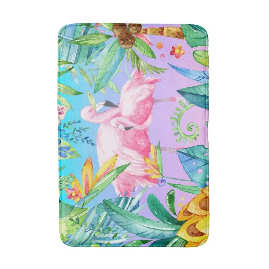 Kleurrijk tropisch Oerwoud met roze flamingo's Badmat (Voorkant Verticaal)