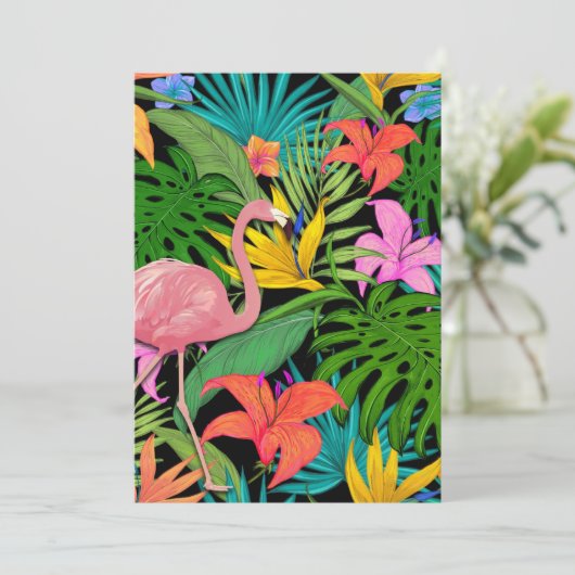 Kleurrijk tropisch ontwerp — flamingo en palmblade feestdagenkaart (Staand voorkant)