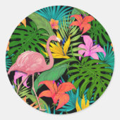 Kleurrijk tropisch ontwerp — flamingo en palmblade ronde sticker (Voorkant)