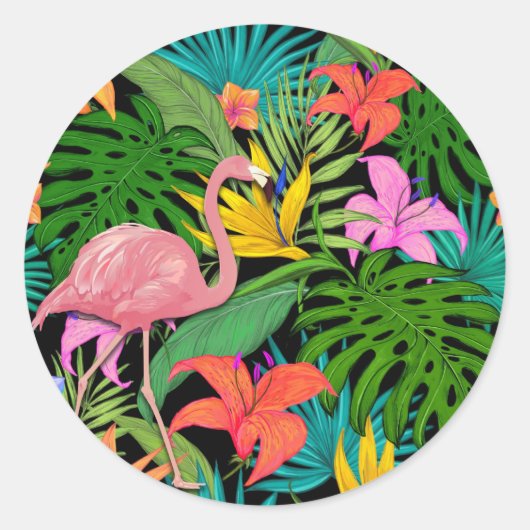 Kleurrijk tropisch ontwerp — flamingo en palmblade ronde sticker (Voorkant)