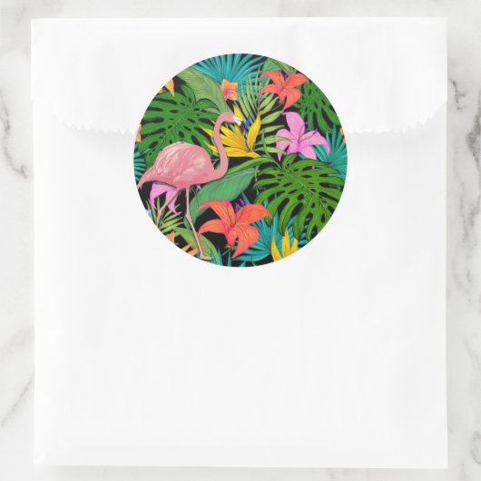 Kleurrijk tropisch ontwerp — flamingo en palmblade ronde sticker (Tas)
