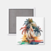Kleurrijk tropisch palm en zeilboot Magnet (Voorkant / Achterkant)