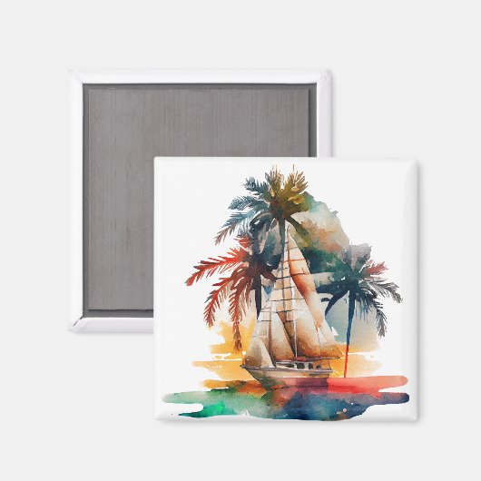 Kleurrijk tropisch palm en zeilboot Magnet (Voorkant / Achterkant)