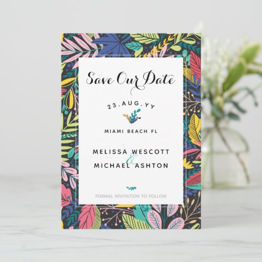 Kleurrijk 🌴 Tropisch Save the Date 💍 (Staand voorkant)
