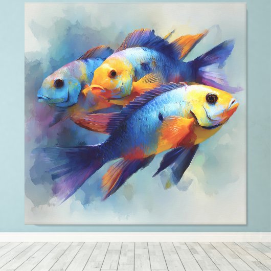 Kleurrijk Tropisch Vissen Triptiek Canvas Wandkuns Afdruk (Insitu (Houten vloer))