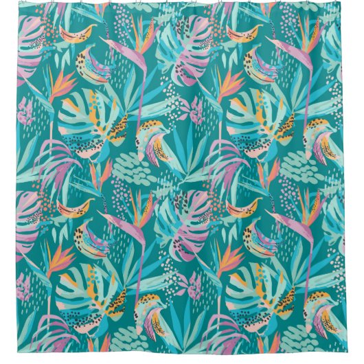 Kleurrijk tropische bloemen en bladpatroon douchegordijn (Voorkant)