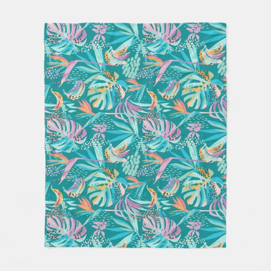 Kleurrijk tropische bloemen en bladpatroon fleece deken (Voorkant)