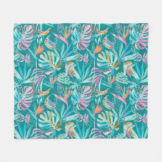 Kleurrijk tropische bloemen en bladpatroon fleece deken (Voorkant (Horizontaal))