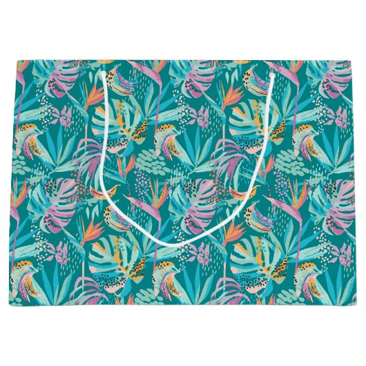 Kleurrijk tropische bloemen en bladpatroon groot cadeauzakje (Voorkant)