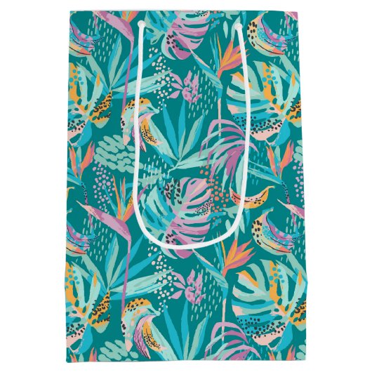 Kleurrijk tropische bloemen en bladpatroon medium cadeauzakje (Achterkant)