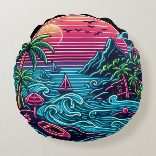 Kleurrijk. Tropische/Hawaiiaanse neon Rond Kussen