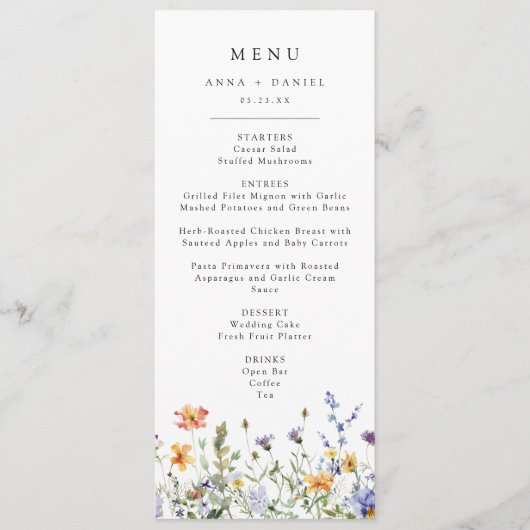 Kleurrijk Trouwmenu met Wilde Bloemen Menu (Voorkant)
