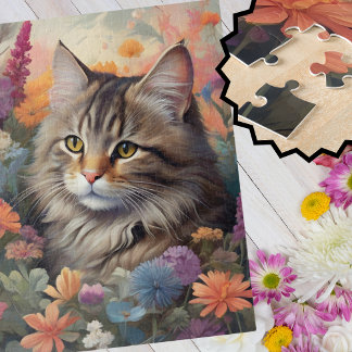 Kleurrijk tuinavontuur van kat legpuzzel