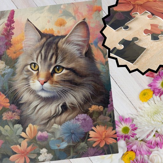 Kleurrijk tuinavontuur van kat legpuzzel
