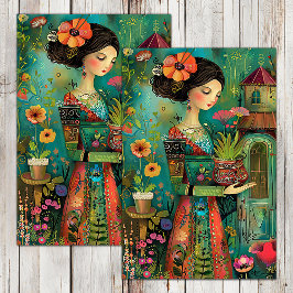 KLEURRIJK TUINMEISJE MET BLOEMEN DECOUPAGE TISSUEPAPIER
