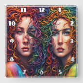 Kleurrijk tweelingportret met krullend haar vierkante klok (Voorkant)
