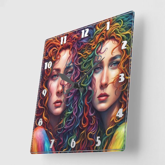 Kleurrijk tweelingportret met krullend haar vierkante klok (Hoek)