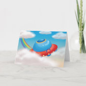 Kleurrijk UFO-ruimteschip dat door wolken vliegt Kaart (Voorkant)