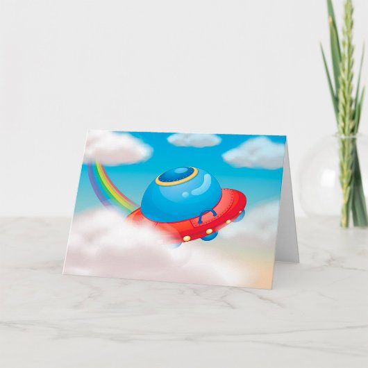 Kleurrijk UFO-ruimteschip dat door wolken vliegt Kaart