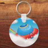 Kleurrijk UFO-ruimteschip dat door wolken vliegt Sleutelhanger (Voorkant)