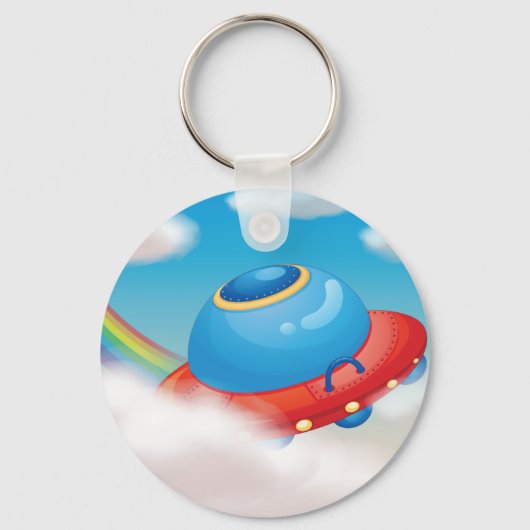 Kleurrijk UFO-ruimteschip dat door wolken vliegt Sleutelhanger (Achterkant)