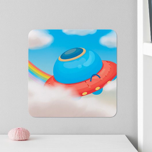 Kleurrijk UFO-ruimteschip dat door wolken vliegt Vierkante Sticker