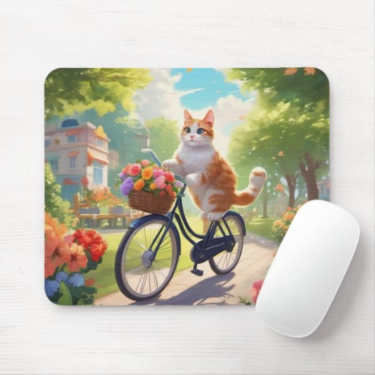 Kleurrijk Uitzicht met Kat op Fiets Muismat (Met muis)