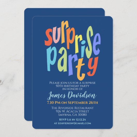 Kleurrijk verrassingsfeest modern kaart (Voorkant / Achterkant)