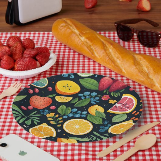 Kleurrijk vers fruitpatroon papieren bordje (Picknick)