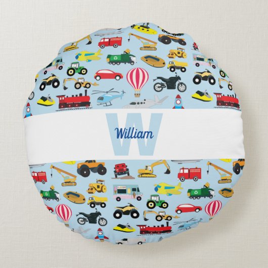 Kleurrijk Vervoer & Voertuigen Kinderen Patroon Rond Kussen (Achterkant)