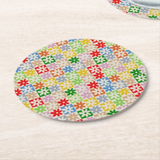 Kleurrijk Vet Esthetisch Geruit Bloempatroon Ronde Kartonnen Onderzetter (Gebogen)