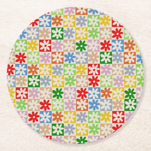 Kleurrijk Vet Esthetisch Geruit Bloempatroon Ronde Kartonnen Onderzetter (Voorkant)
