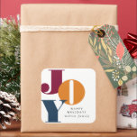 Kleurrijk Vet Script Vreugde Vakantie Vierkante Sticker<br><div class="desc">Ons 'Kleurrijke Bold Script Joy Holiday'-collectie is voorzien van een stijlvol en modern letterontwerp in geel,  blauw en rood,  gecombineerd met een elegant schreeflettertype voor eenvoudige personalisatie. Kijk in onze winkel voor meer artikelen van dit collectie.</div>