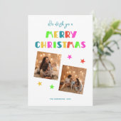 Kleurrijk vet script vrolijk kerstfeest twee foto' feestdagenkaart (Staand voorkant)