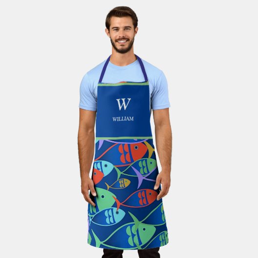 Kleurrijk Vispatroon  Naam en Monogram  Schort (Gedragen)