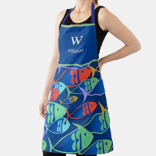 Kleurrijk Vispatroon Naam en Monogram Schort (Insitu)