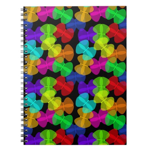 Kleurrijk vlinderpatroon op zwarte achtergrond notitieboek (Voorkant)