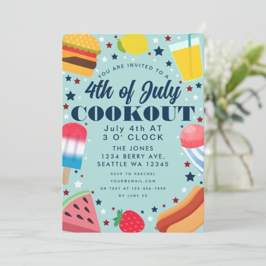 Kleurrijk Voedsel 4TH van Juli Cookout Uitnodiging (Staand voorkant)