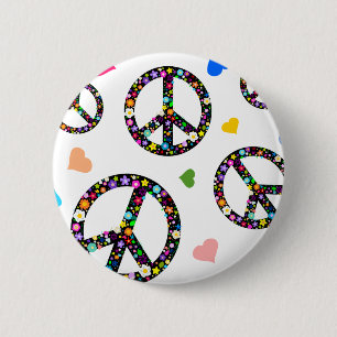 Kleurrijk Vredessymbool, bloemen en hart Ronde Button 5,7 Cm