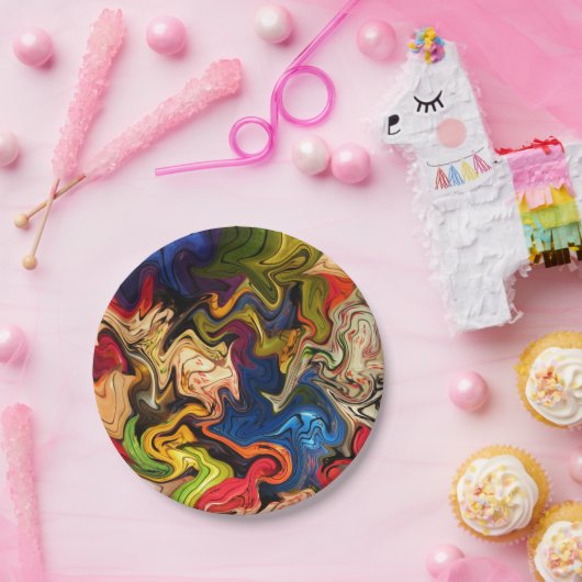 kleurrijk, vrolijk, kleurrijk + patroon, textiel papieren bordje (Feest)