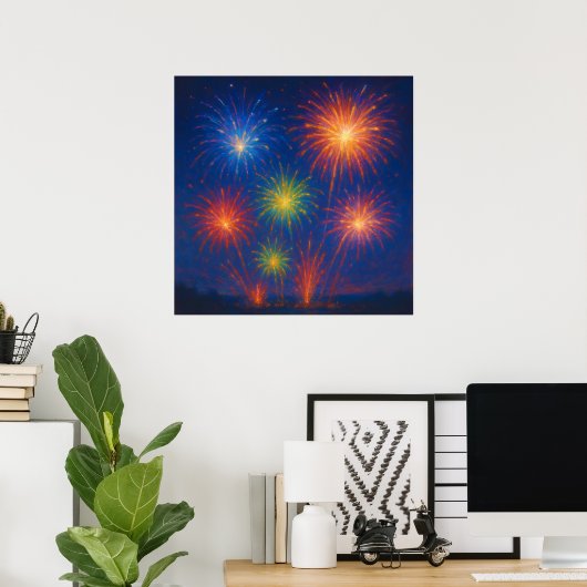 Kleurrijk vuurwerk display - Pastel schilderstijl Poster (Thuiskantoor)