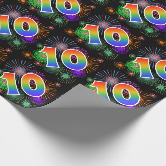 Kleurrijk vuurwerk + regenboogpatroon "10" Event # Cadeaupapier (Hoek)