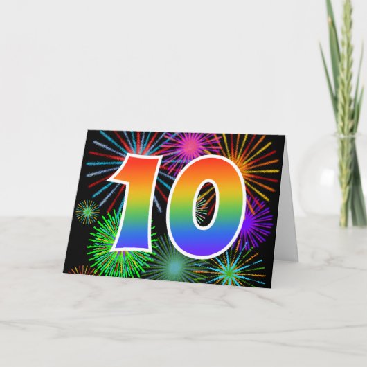 Kleurrijk vuurwerk + regenboogpatroon "10" Event # Kaart (Voorkant)