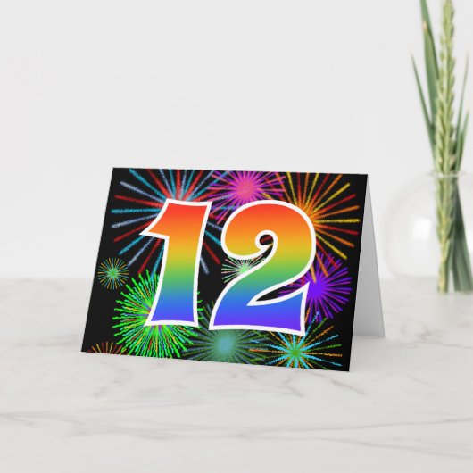 Kleurrijk vuurwerk + regenboogpatroon "12" Event # Kaart (Voorkant)