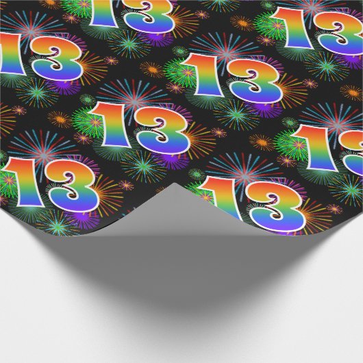 Kleurrijk vuurwerk + regenboogpatroon "13" Event # Cadeaupapier (Hoek)