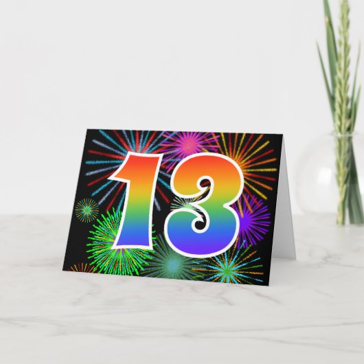 Kleurrijk vuurwerk + regenboogpatroon "13" Event # Kaart (Voorkant)
