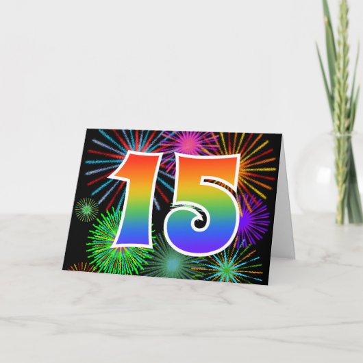 Kleurrijk vuurwerk + regenboogpatroon "15" Event # Kaart (Voorkant)